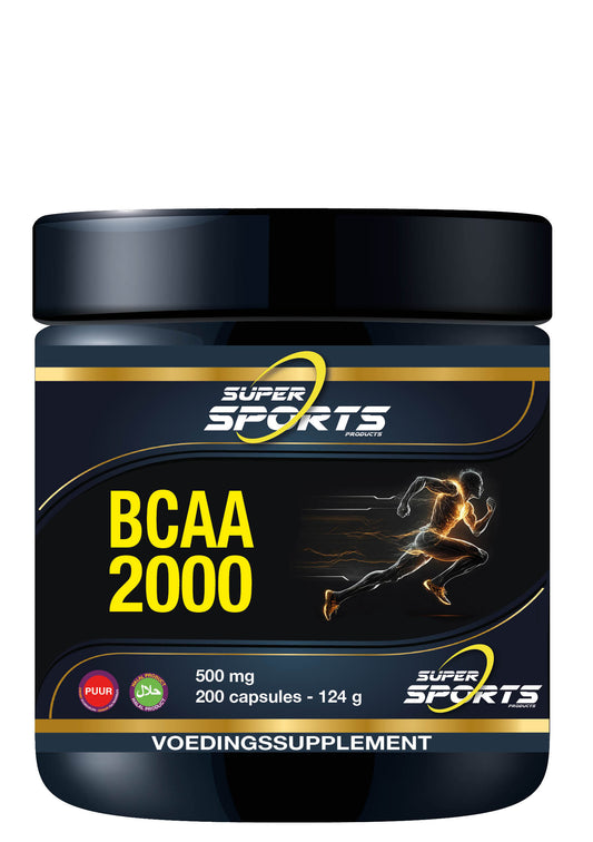SNP BCAA 2000 puur amino acid supplement in a bottle of 200 capsules, showing the product label and capsules inside