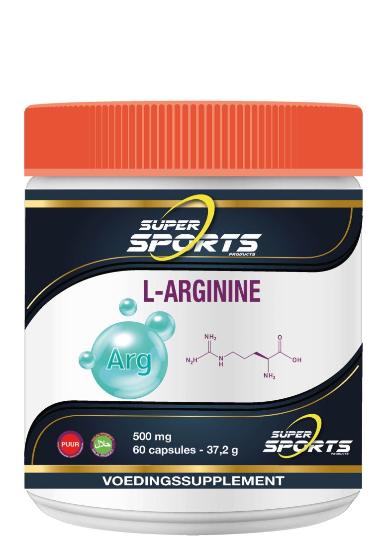 SNP L-Arginine 500mg pure amino acids capsules, 60-count, showing white capsules in a blister pack.