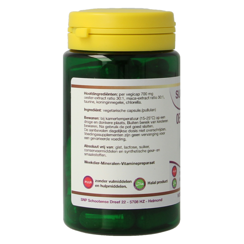SNP Oester extract 700 mg pure mineral supplement in 60 vegetarian capsules, showing the capsule bottle and label.