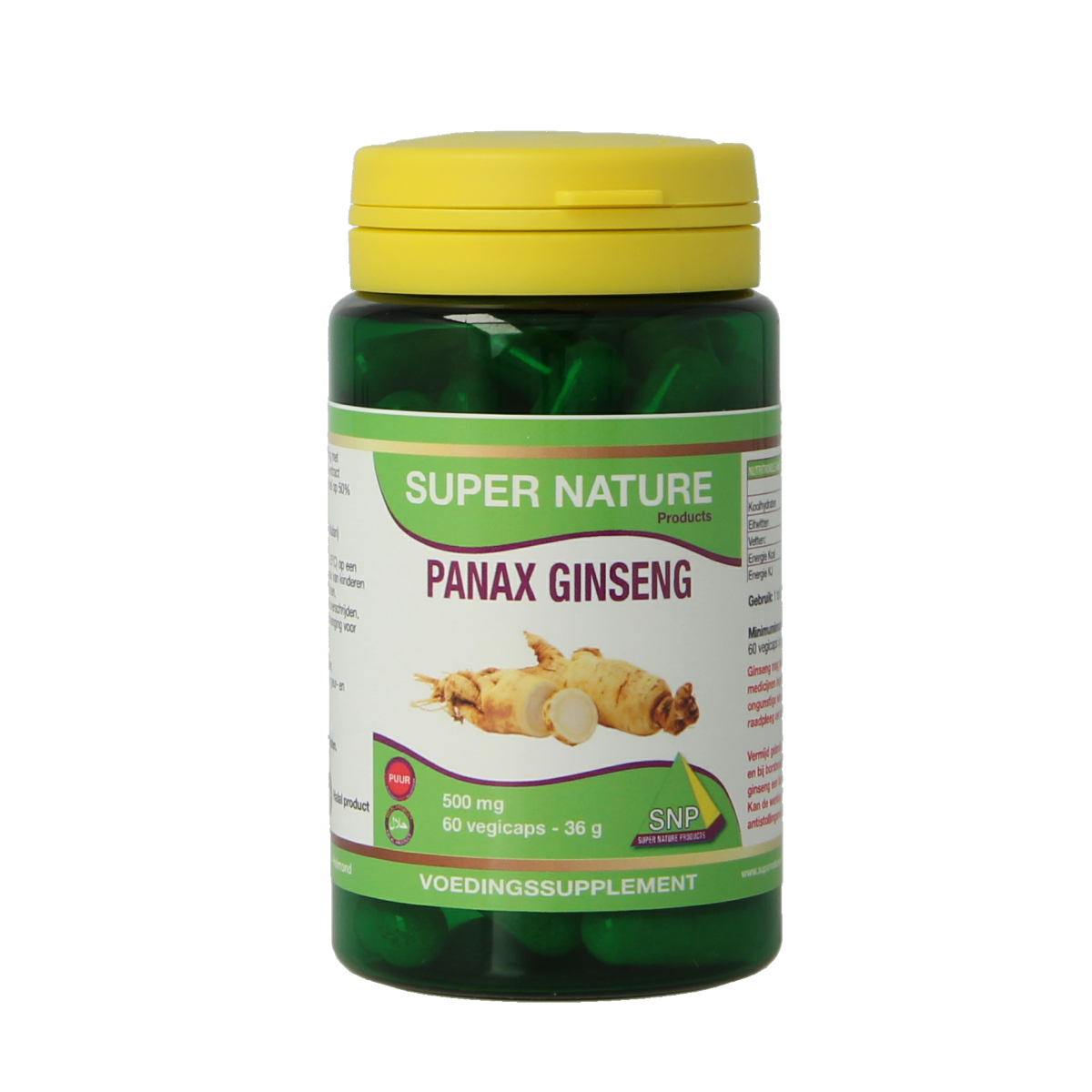SNP Panax ginseng 500mg vegetarian capsules in a bottle, herbal supplement for energy and vitality, product image.