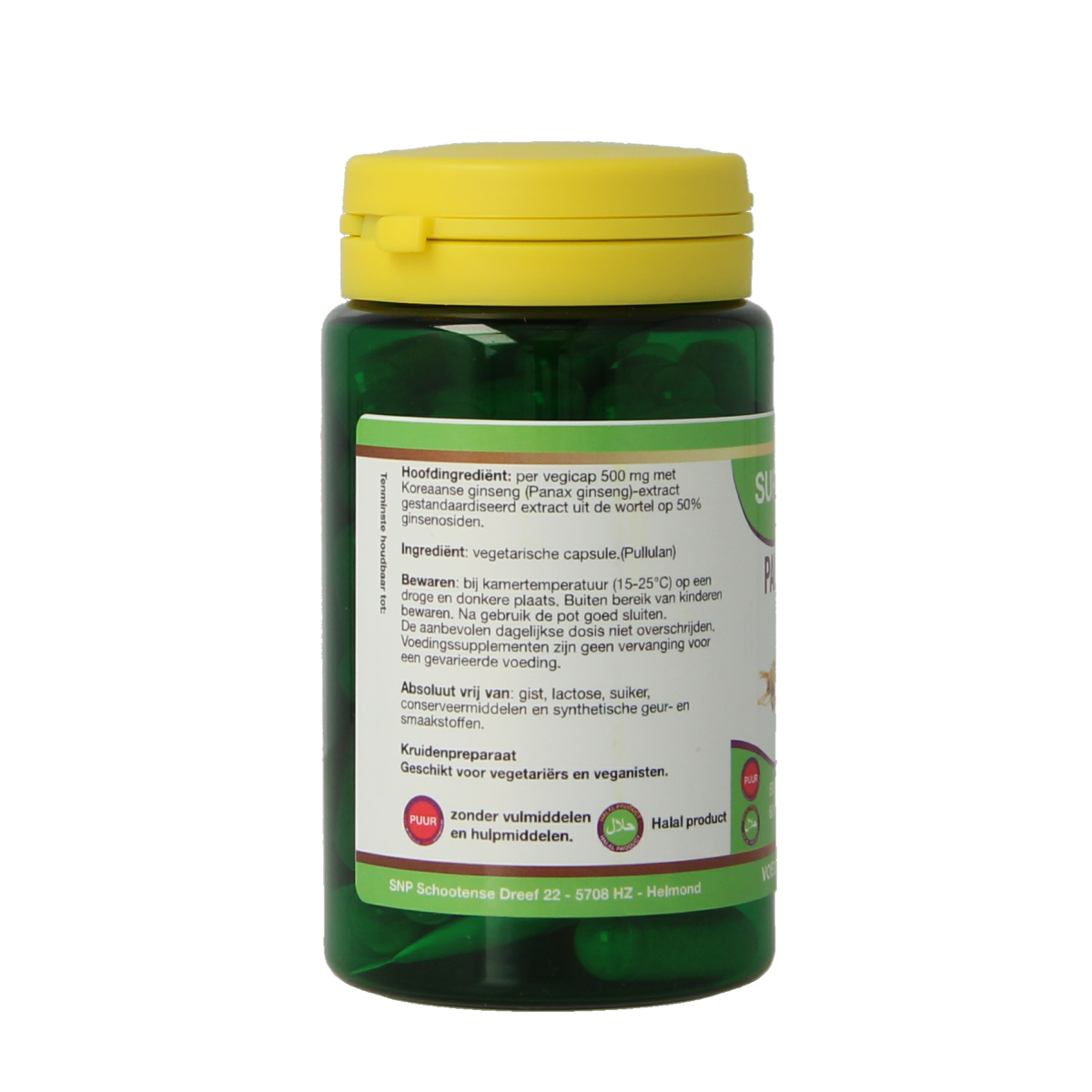 SNP Panax Ginseng 500mg pure herbal capsules, vegetarian supplement, shown in a clear bottle with capsules inside.