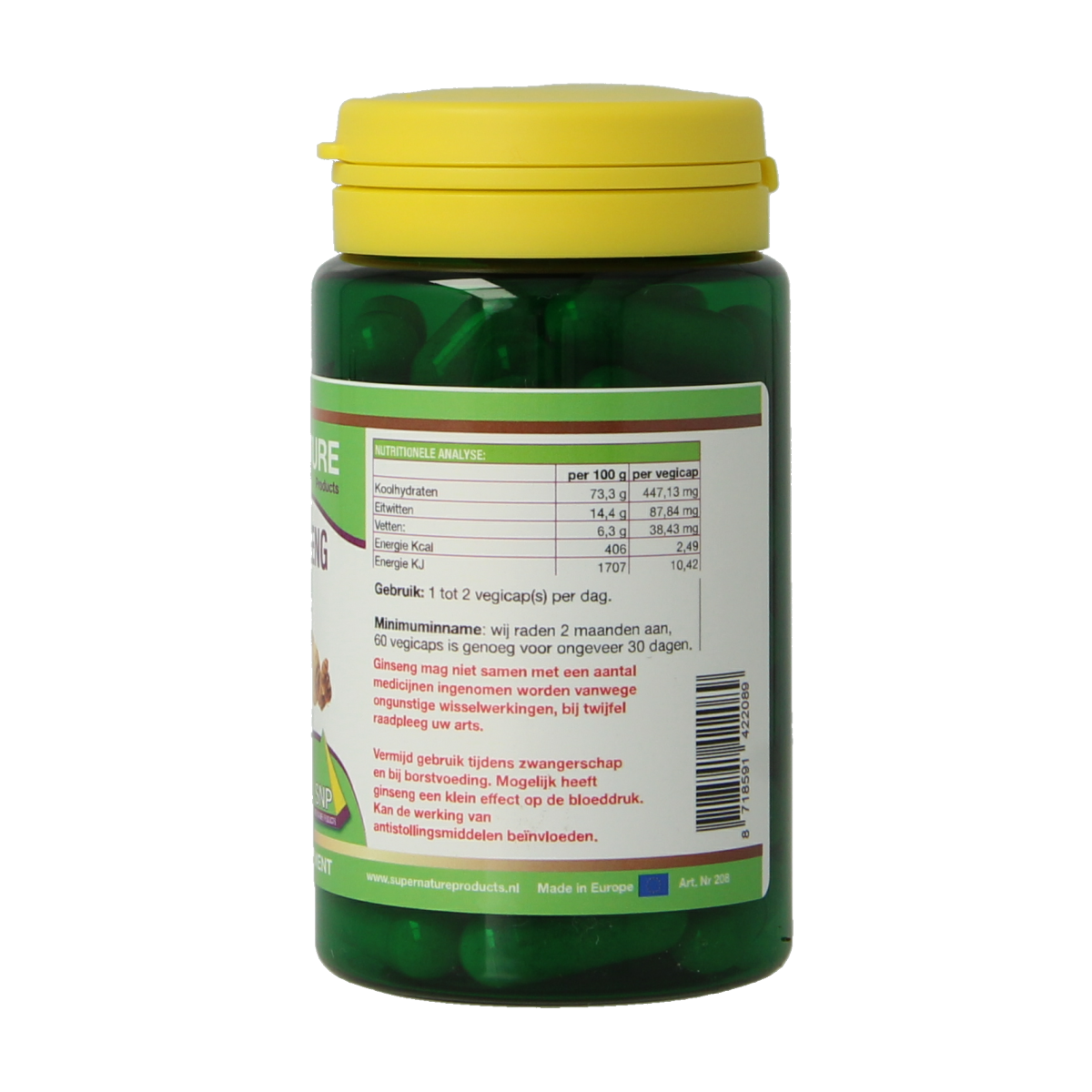 SNP Panax Ginseng 500mg pure vegetarian capsules, herbal supplement in a clear bottle with green label.