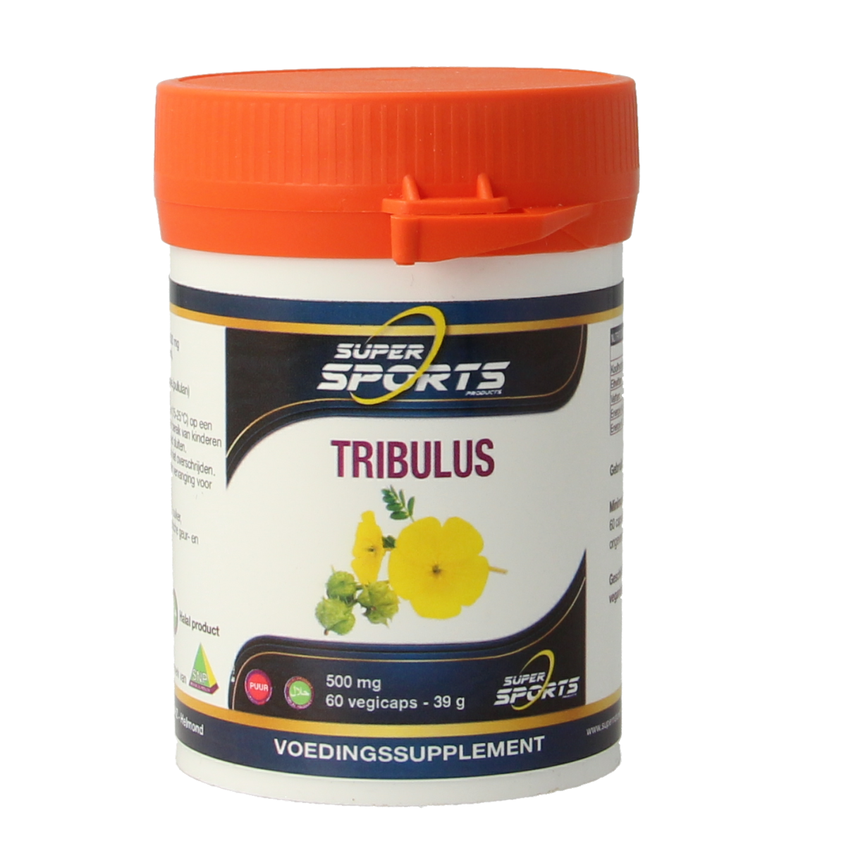 SNP Tribulus terrestris 500mg vegetarian capsules, herbal supplement in a clear bottle with label showing product details.