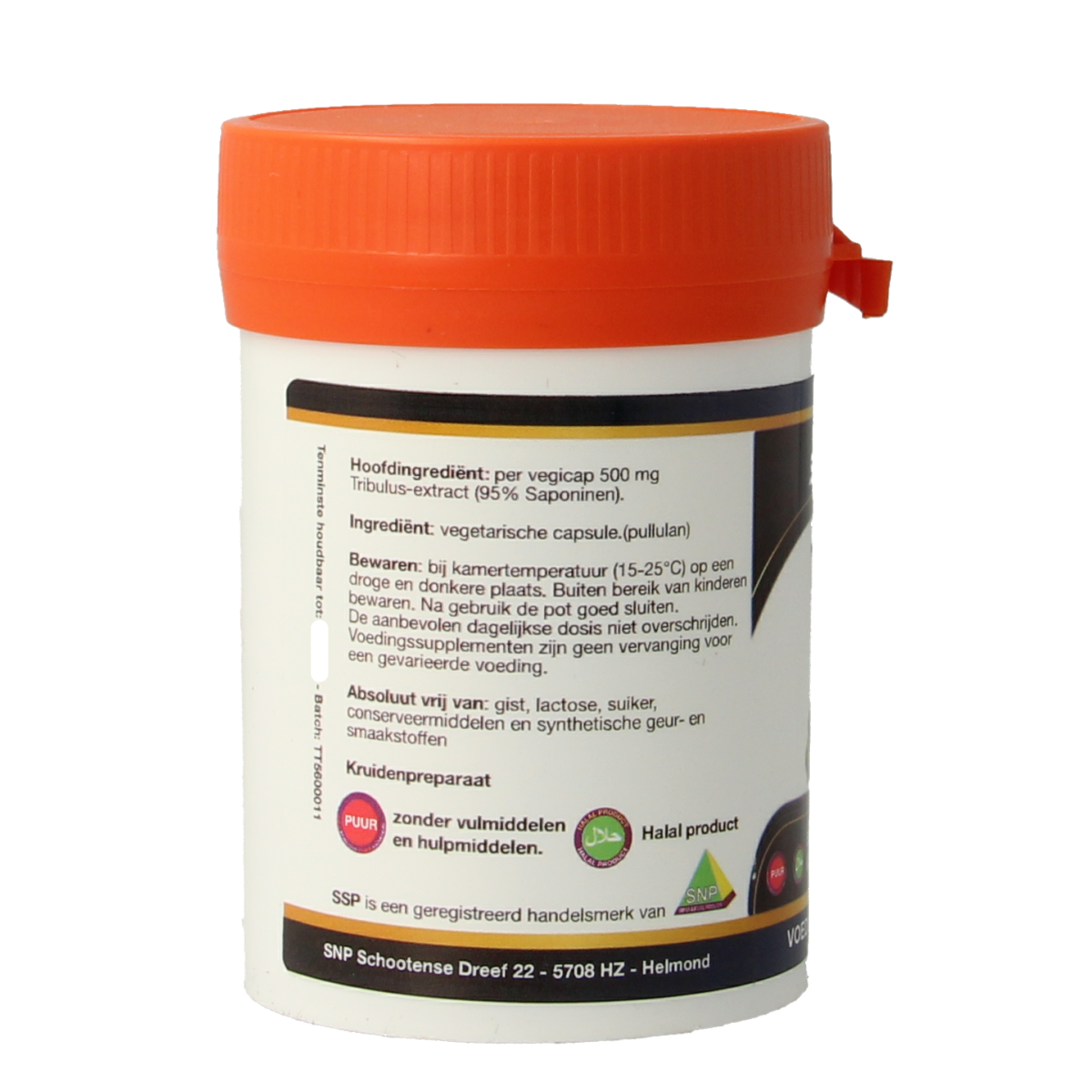 SNP Tribulus terrestris 500mg vegetarian capsules in a bottle, herbal supplement for natural health and wellness.