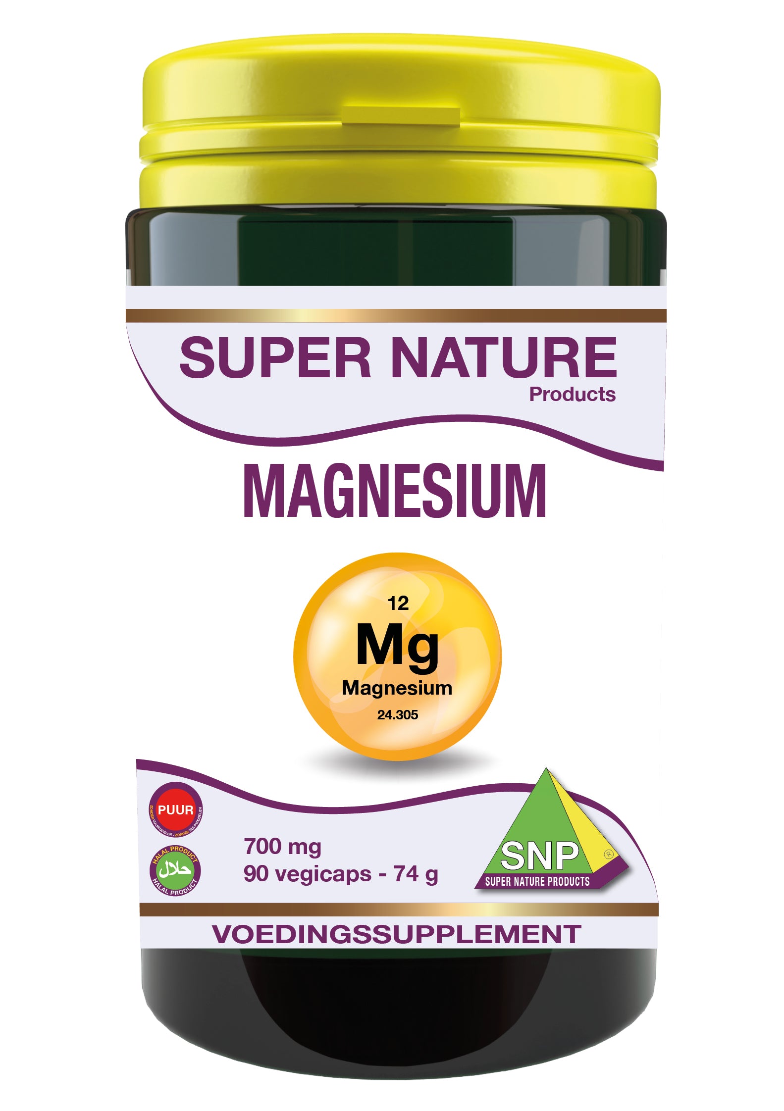 SNP Magnesium 700mg puur supplement in a bottle with 90 capsules, showing the mineral supplement product.