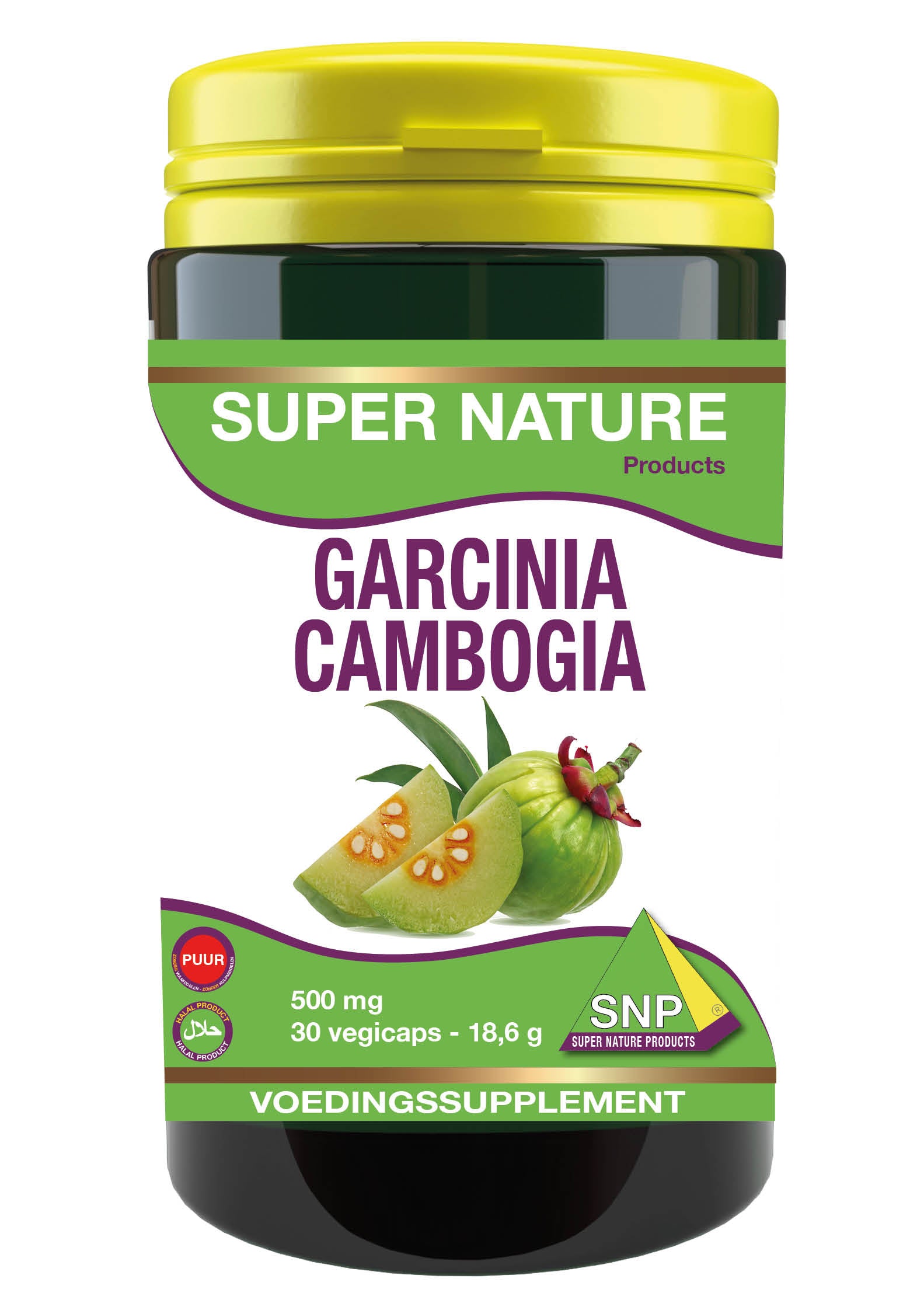 SNP Garcinia Cambogia 500mg pure herbal capsules in a white bottle, 30 vegetarian capsules, dietary supplement for weight management