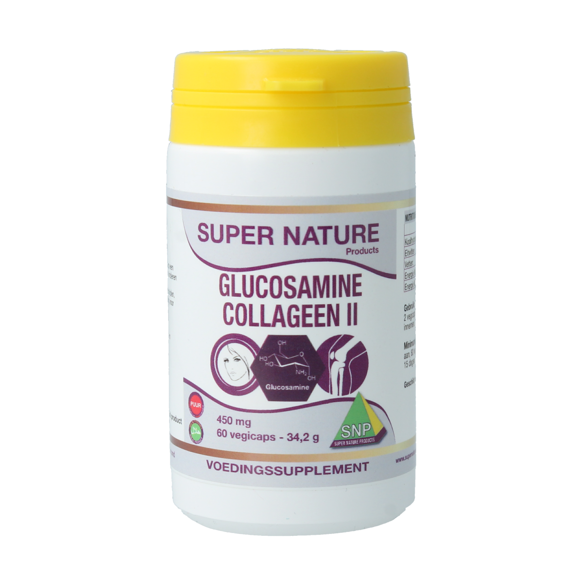 SNP Glucosamine Collageen Type II puur supplement bottle with 60 capsules, showing the product label and capsule images.