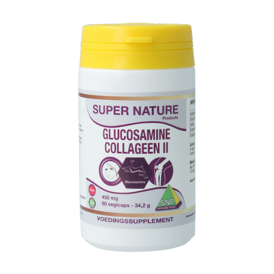 SNP Glucosamine Collageen Type II puur supplement bottle with 60 capsules, showing the product label and capsule images.