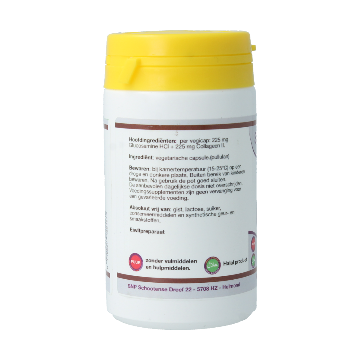 SNP Glucosamine Collagen Type II Pure mineral capsules in a bottle, dietary supplement for joint health.