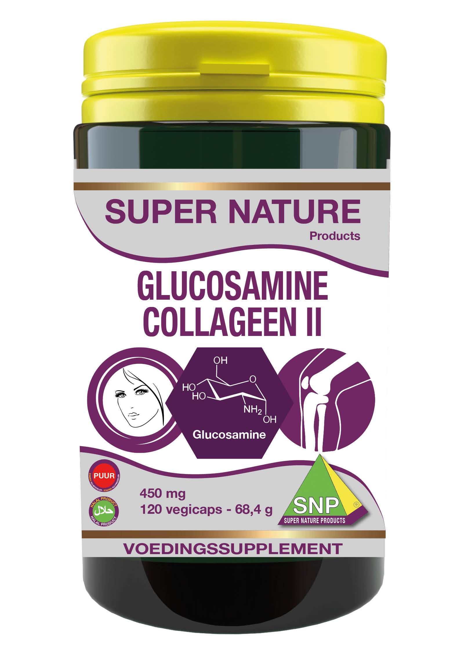 SNP Glucosamine Collagen Type II vegetarian capsules, mineral multivitamin supplement in a clear bottle with capsules visible