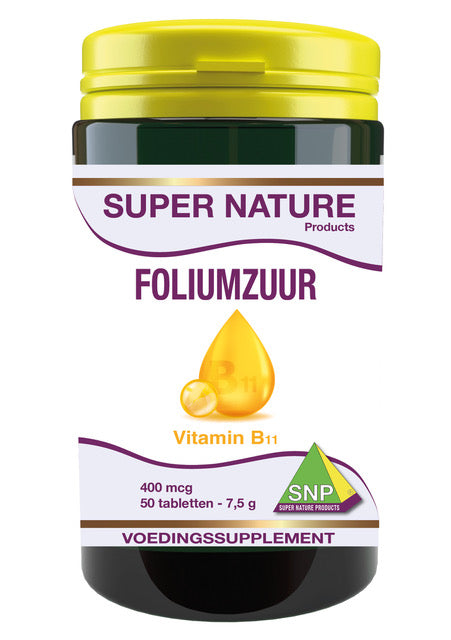SNP Foliumzuur 400 mcg vitamin tablets, 50 count, showing the supplement packaging and tablets in blister packs.
