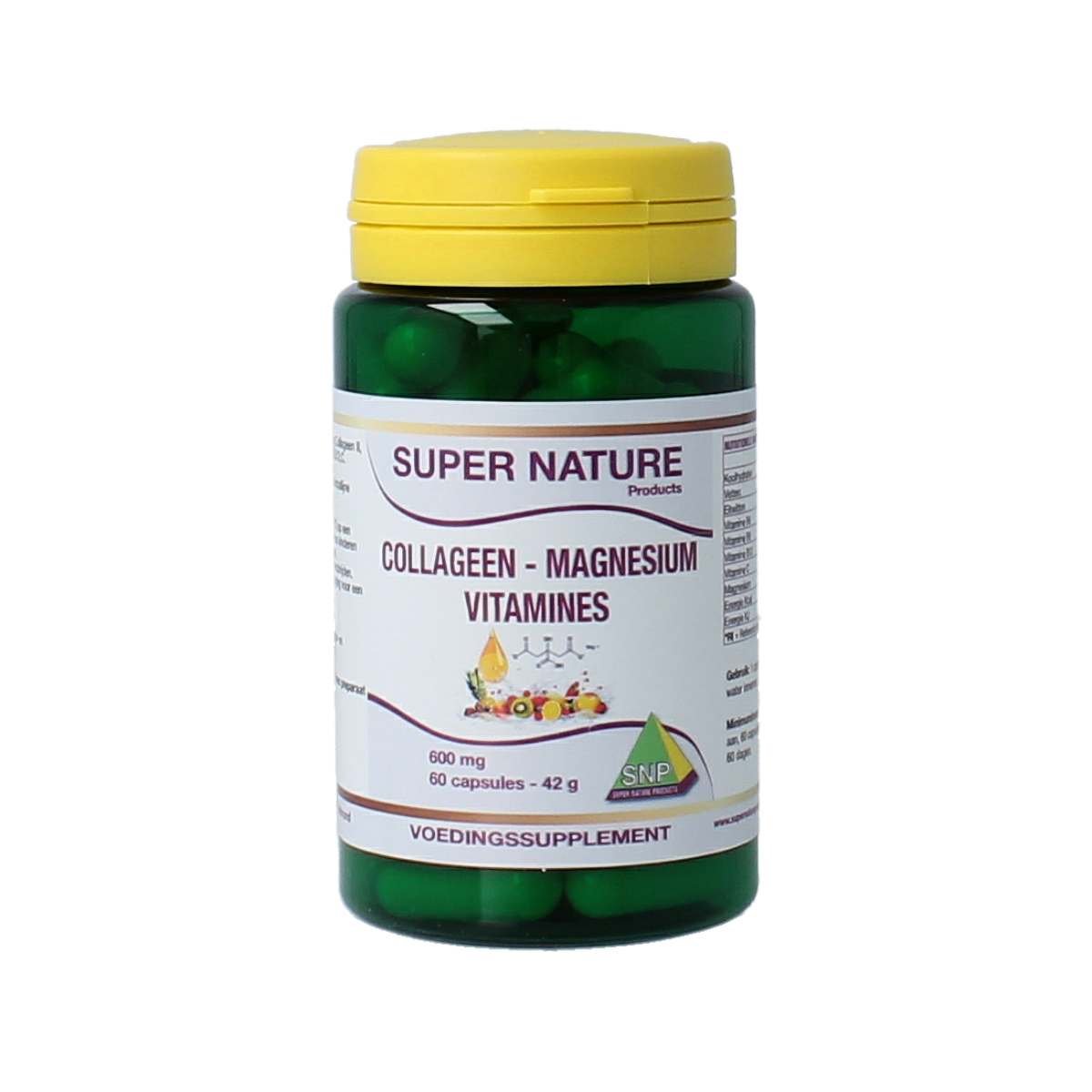 SNP Collagen Magnesium Vitamin Multi capsules, 60-count, showing white capsules in a clear bottle on a white background.