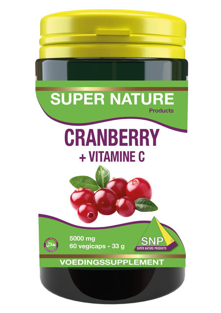 SNP Cranberry Vitamin C 5000mg herbal capsules in a bottle, dietary supplement for immune support.