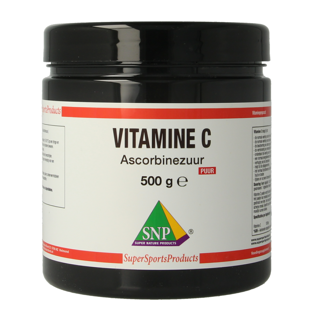 SNP Vitamine C puur supplement in 500g jar, natural Vitamin C powder for immune support, shown in the image.