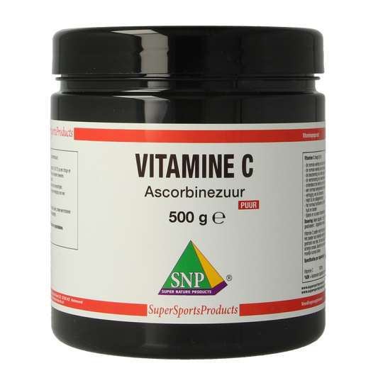 SNP Vitamine C puur supplement in 500g jar, natural Vitamin C powder for immune support, shown in the image.
