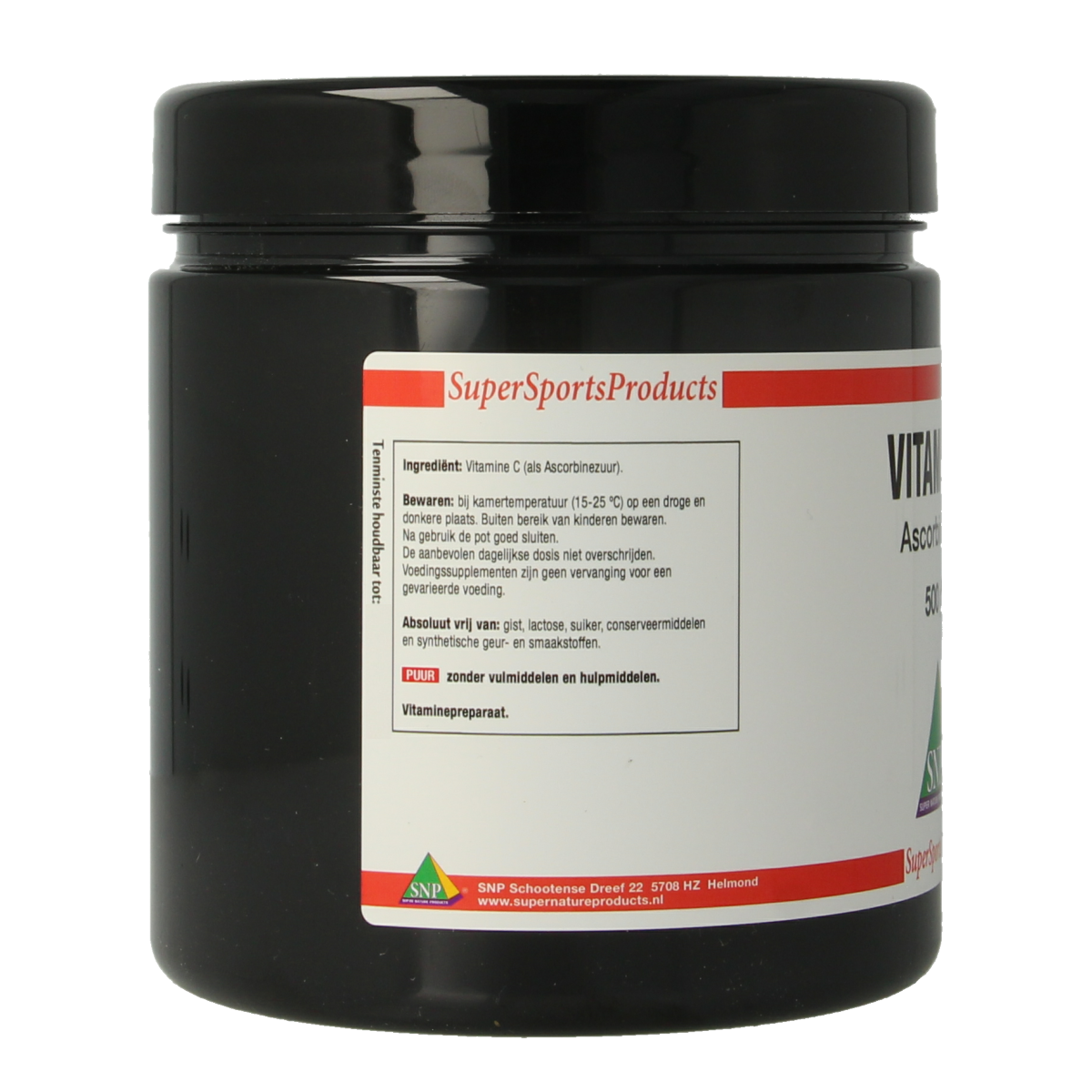 SNP Vitamine C puur supplement in a 500g container, featuring natural vitamin C powder with a clean, white label.