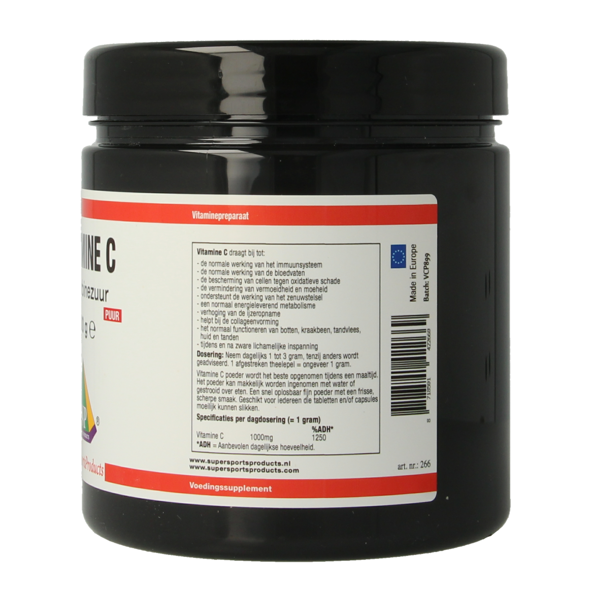 SNP Vitamine C puur supplement in 500g jar, showing the label and product packaging for natural health support.