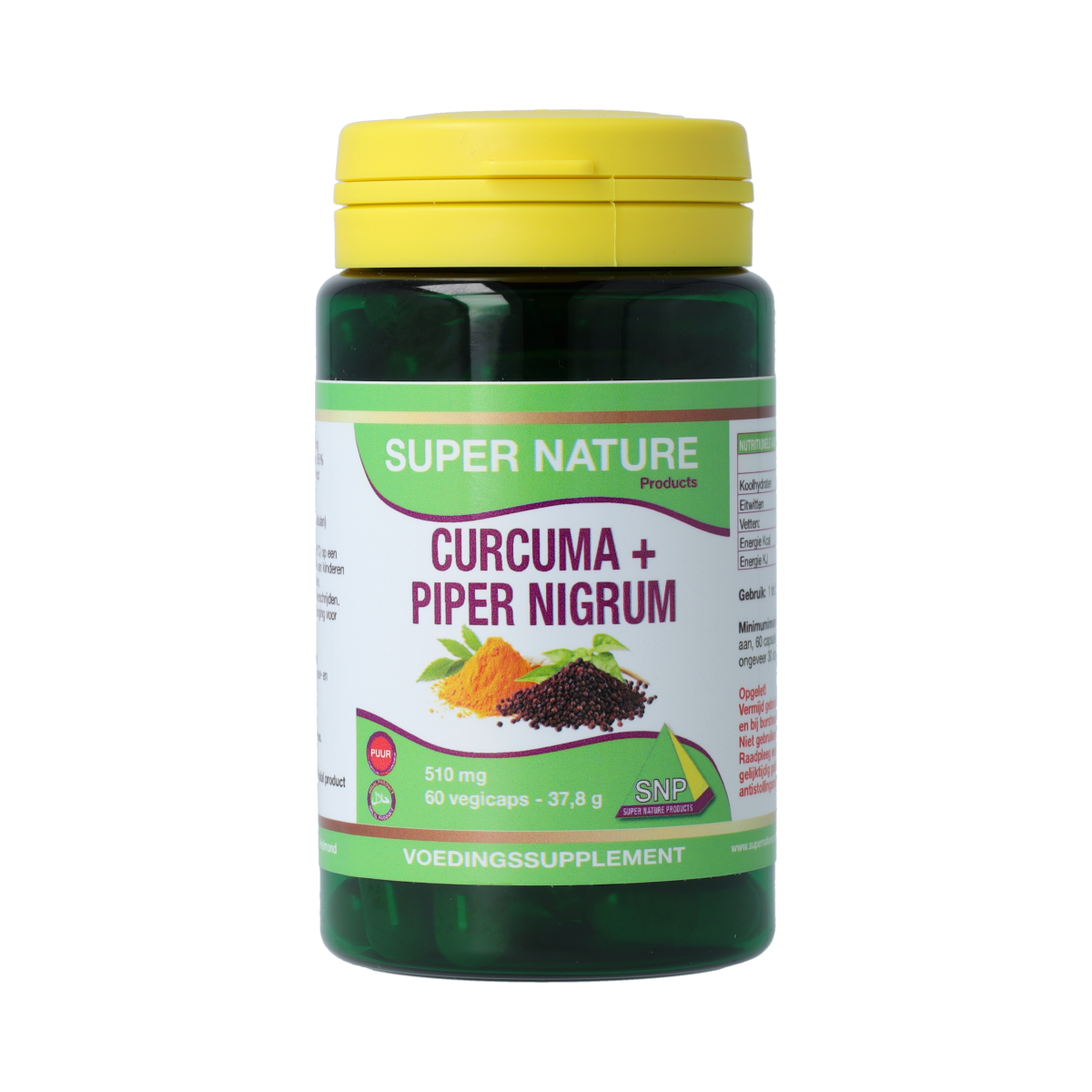 SNP Curcuma & Piper Nigrum herbal supplement capsules in a bottle, featuring turmeric and black pepper extract for wellness.