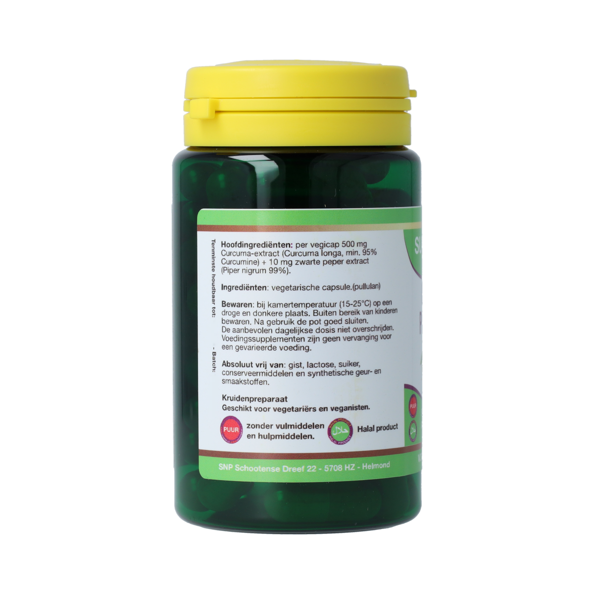 SNP Curcuma & Piper Nigrum herbal supplement capsules, 510mg, in a clear container, showing the capsule packaging.