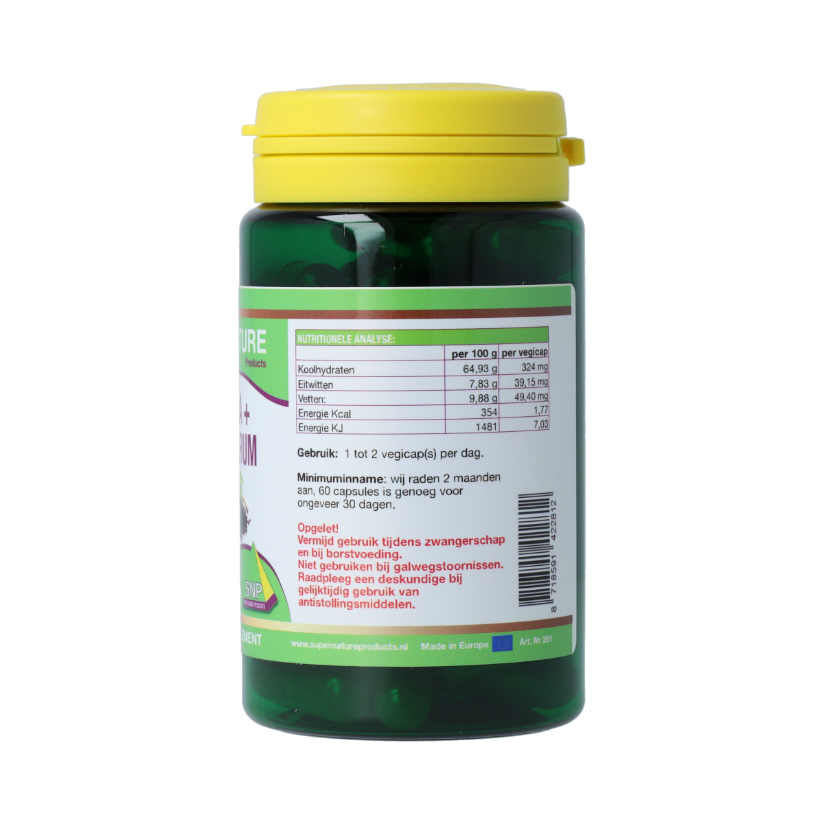 SNP Curcuma & Piper Nigrum 510mg herbal supplement capsules, 60-count, in a clear bottle with label showing turmeric and black pepper ingredients.