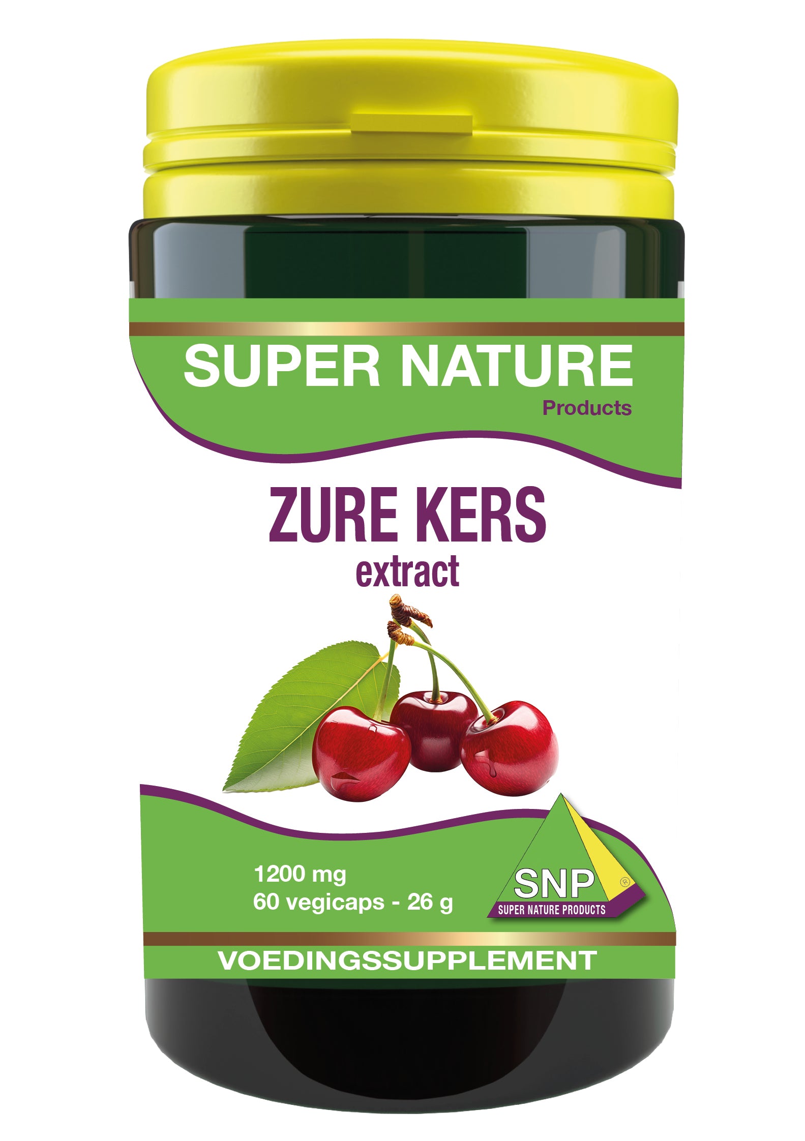 SNP Zure Kers Extract capsules, 1200mg, vegetarian herbal supplement in a bottle with 60 capsules.