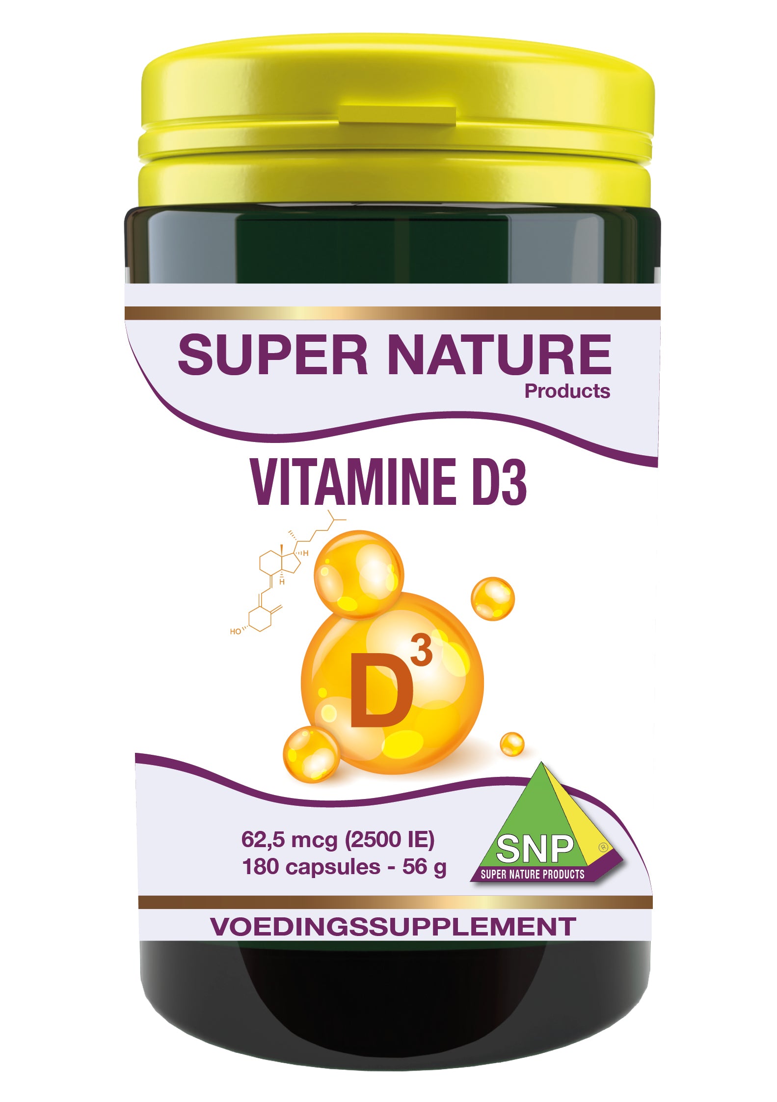 SNP Vitamin D3 2500IU supplement bottles with 180 capsules, showing the product packaging and label.