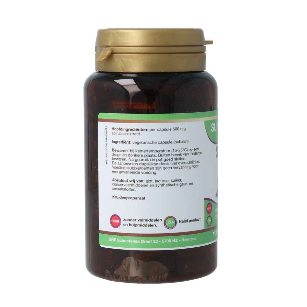 SNP Spirulina 500mg vegetarian capsules in a bottle, dietary supplement for natural health and wellness.