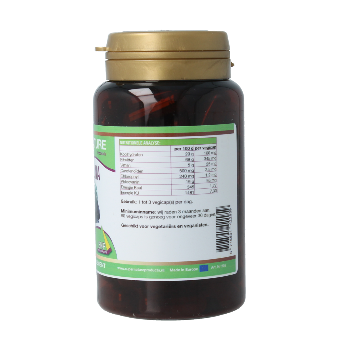 SNP Spirulina 500mg pure vegetarian capsules in a bottle, herbal supplement for health and wellness.