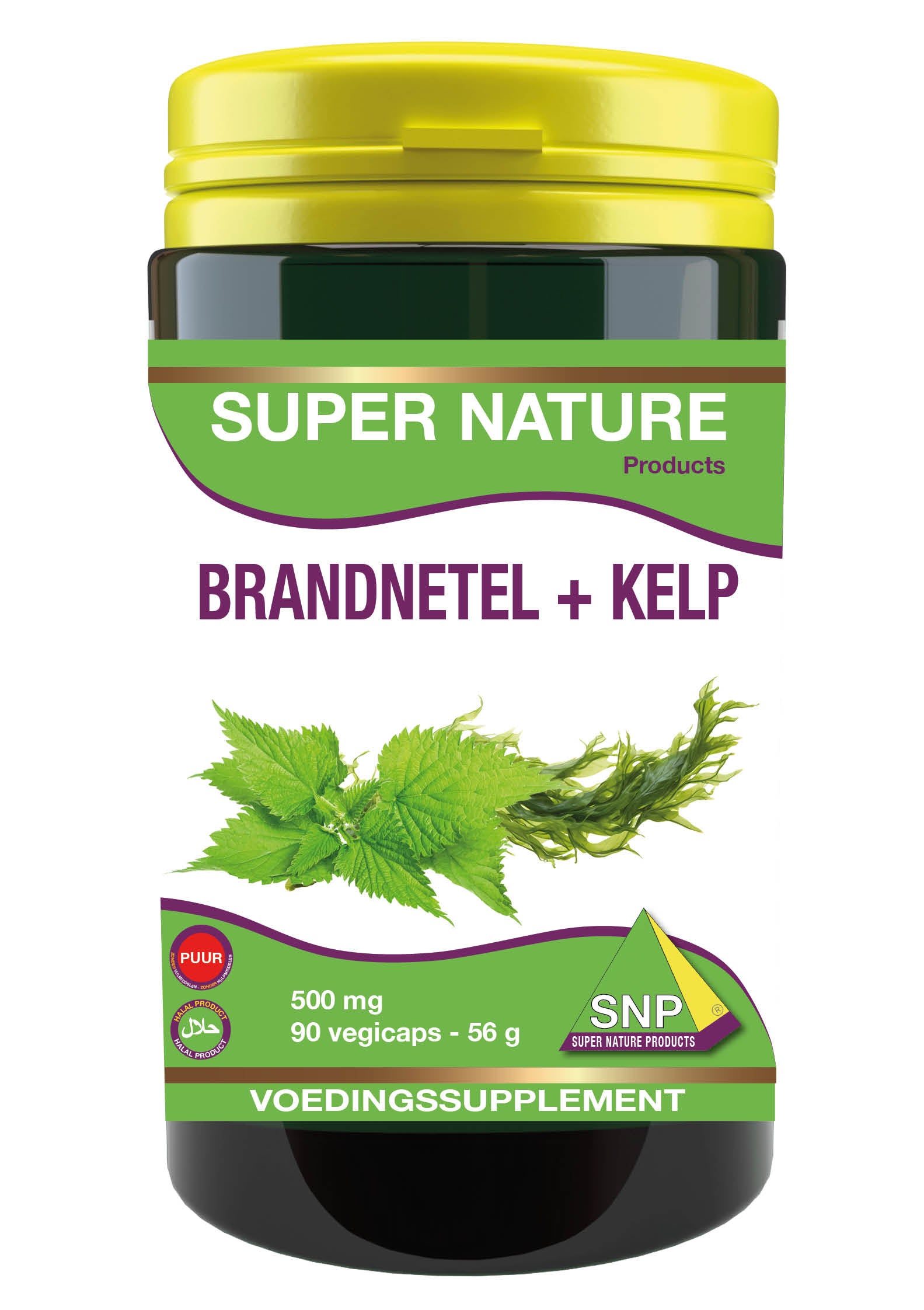 SNP Brandnetel + kelp 500mg puur herbal supplement capsules, 90-count, natural plant-based health product