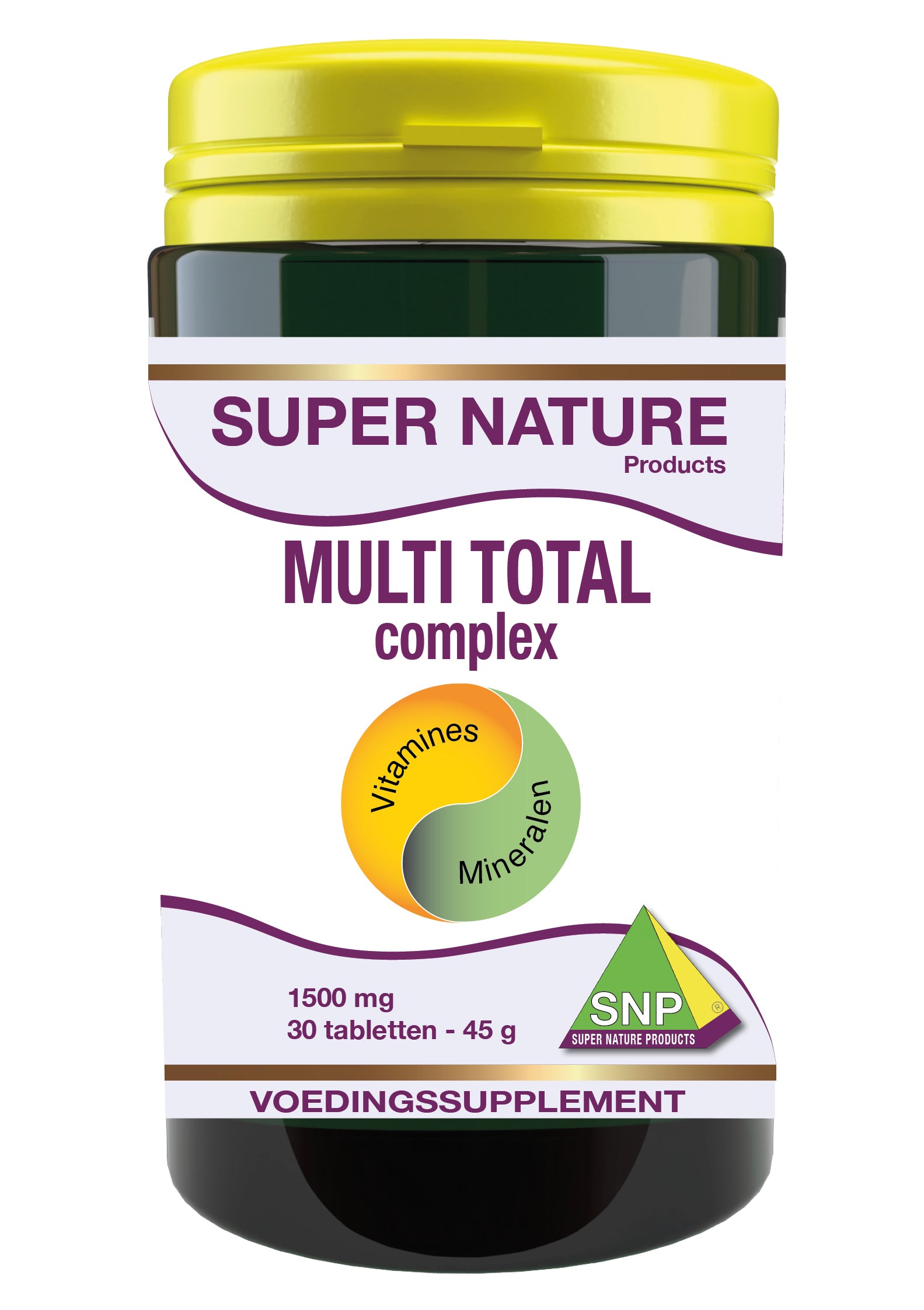 SNP Multi Total Complex vitamin tablets, 30-count, showing the supplement bottle with tablets inside.