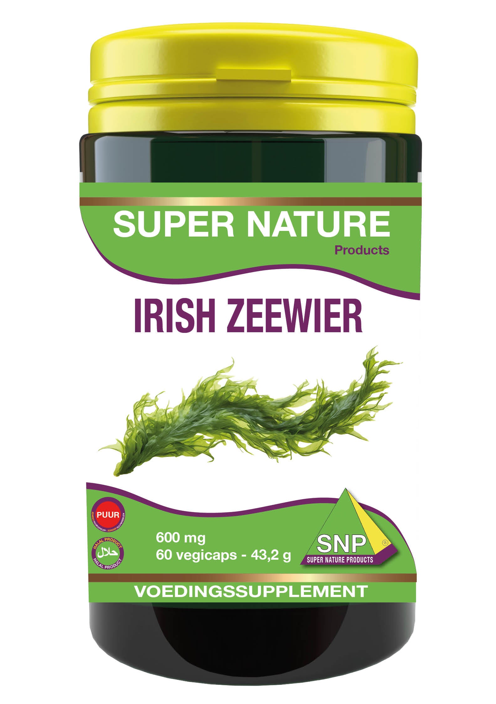 SNP Irish Zeewier 600 mg puur vegetarian capsules with 900 mcg iodine, displayed in a clear bottle.