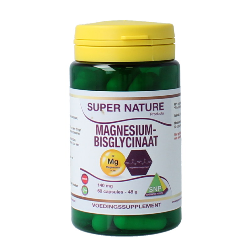 SNP Magnesium bisglycinaat supplement bottle with 60 capsules labeled for mineral support.