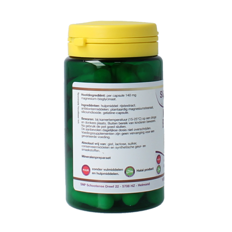 SNP Magnesium bisglycinaat 140mg supplement in 60 capsules, mineral dietary product with white capsules and label.