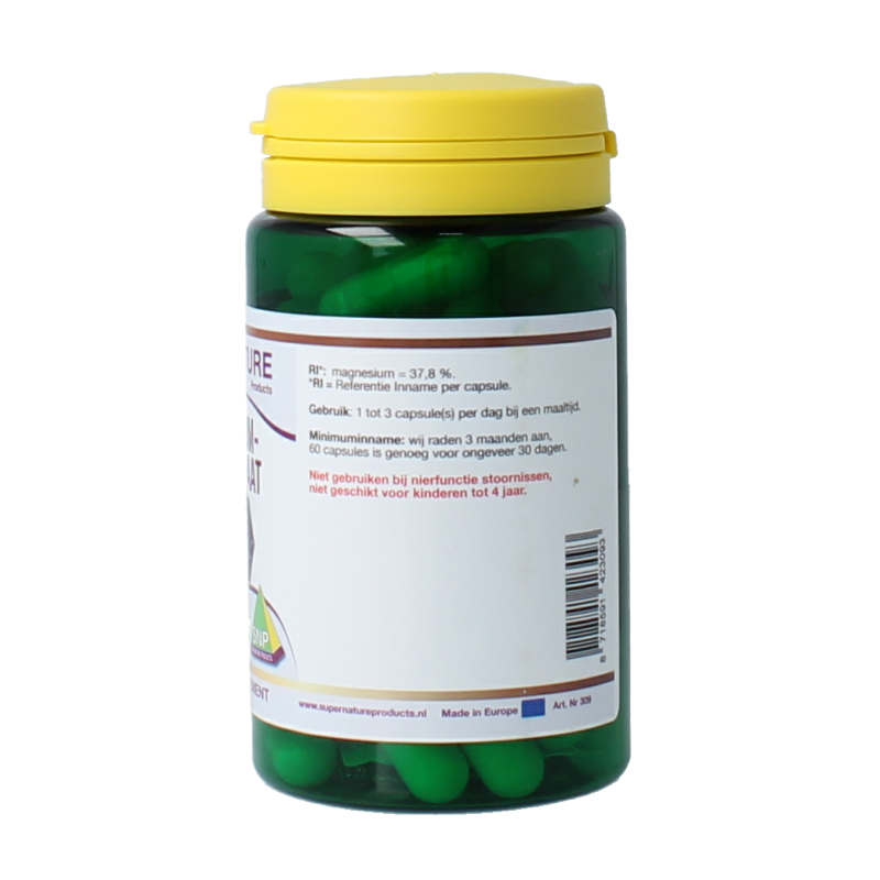 SNP Magnesium bisglycinaat 140mg supplement in 60 capsules, showing the bottle and capsules on a plain background.