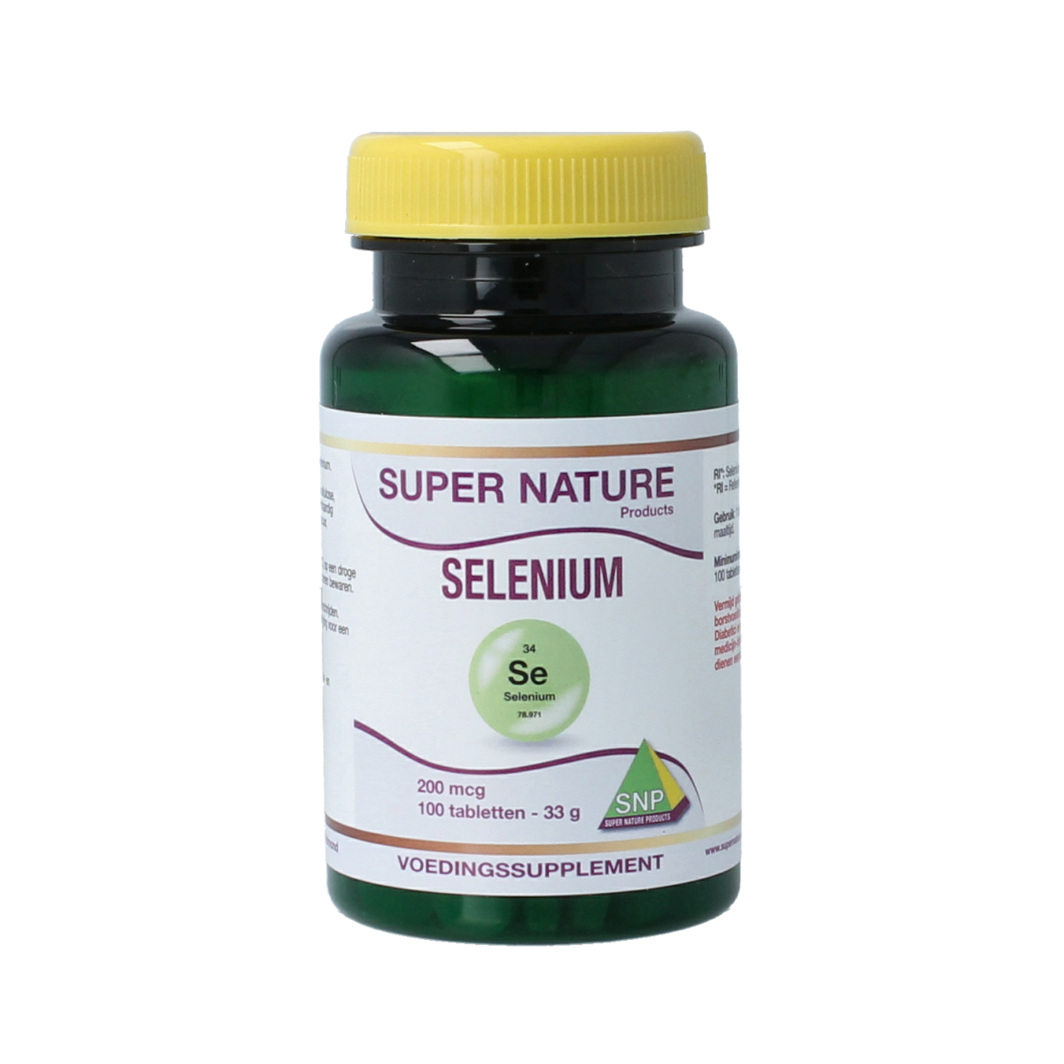 SNP Selenium 200 mcg mineral tablets in a bottle, showing the supplement's label and tablets inside the container.
