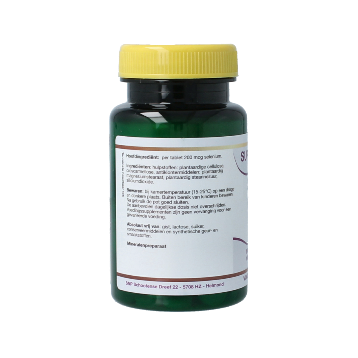 SNP Selenium 200 mcg mineral supplement tablets, 100 count, showing the bottle with tablets and label detail.