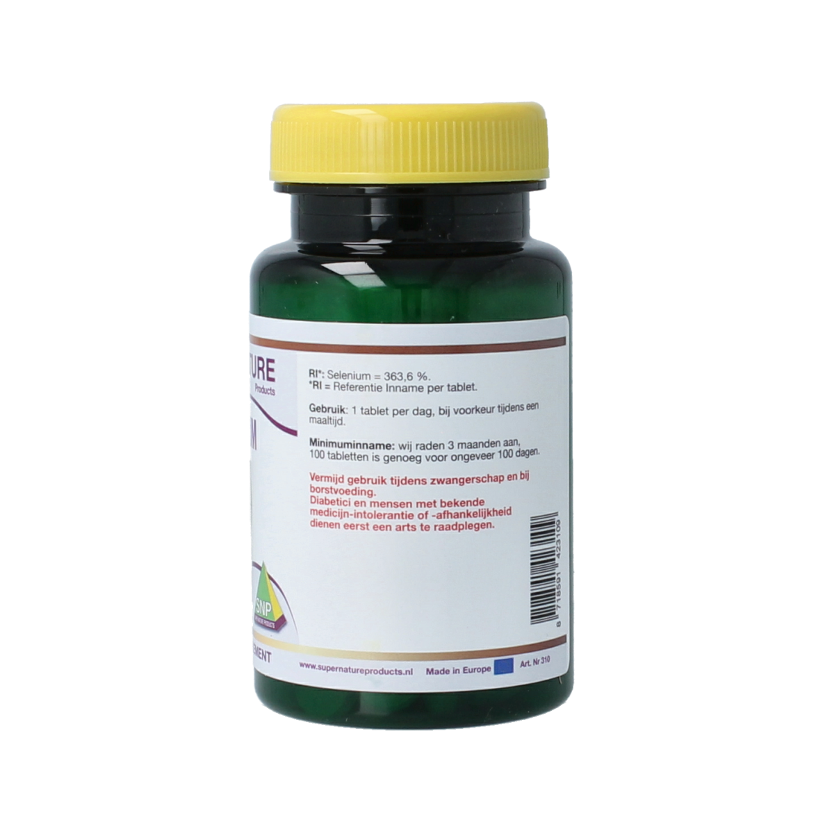 SNP Selenium 200 mcg mineral tablets, showing a bottle of 100 selenium supplement tablets with branding and label details.