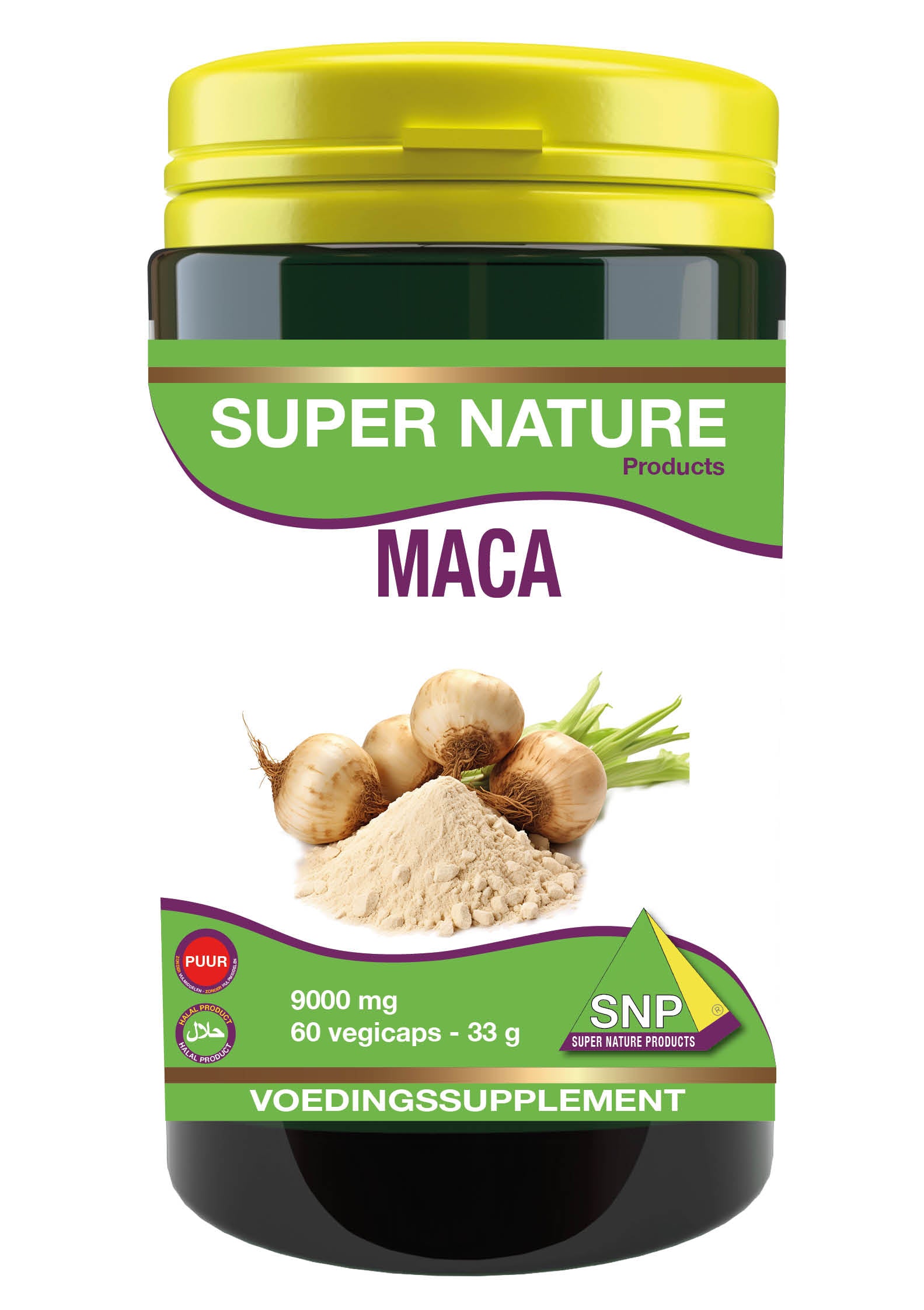 SNP Maca Extra Forte 9000mg puur herbal capsules in a clear container, highlighting the supplement's natural ingredients and packaging.