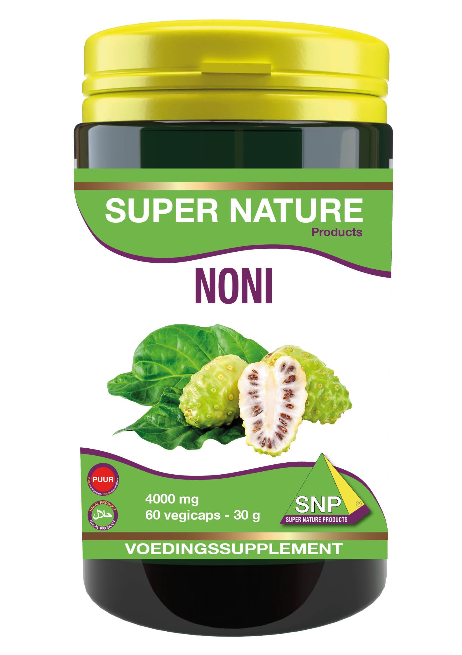 SNP Noni Extra Forte 4000 mg puur vegetarian capsules, herbal supplement in clear bottle with green label