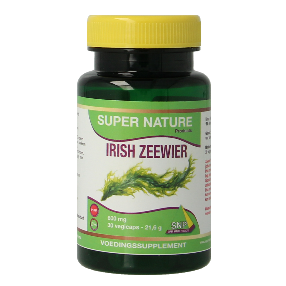 SNP Irish Zeewier 600 mg vegetarian capsules with 900 mcg iodine, herbal supplement, shown in bottle with capsules.