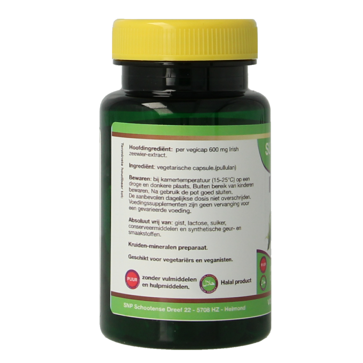 SNP Irish Zeewier 600mg pure vegetarian capsules containing 900mcg iodine, herbal supplement for thyroid support.