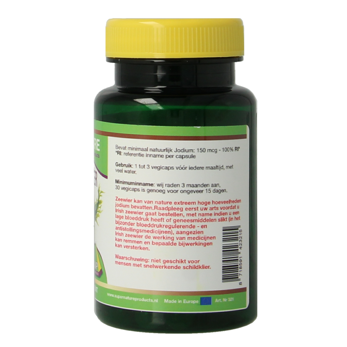SNP Irish zeewier capsules with 600 mg pure kelp and 900 mcg iodine, vegetarian herbal supplement in a bottle.