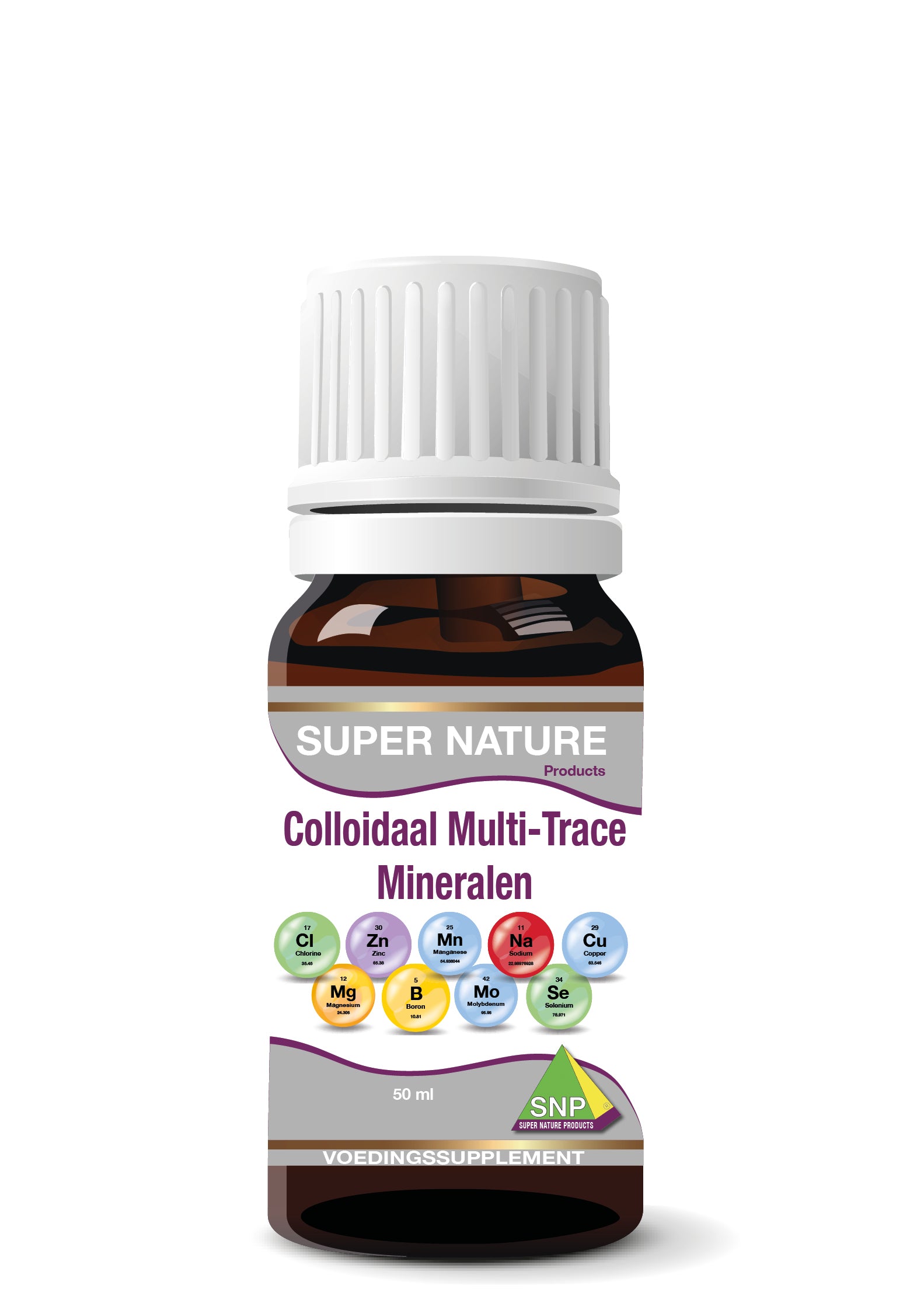 SNP Colloidal Multi Trace Mineral bottle, 50ml, with a clear label and dropper cap, showcasing mineral supplement packaging.