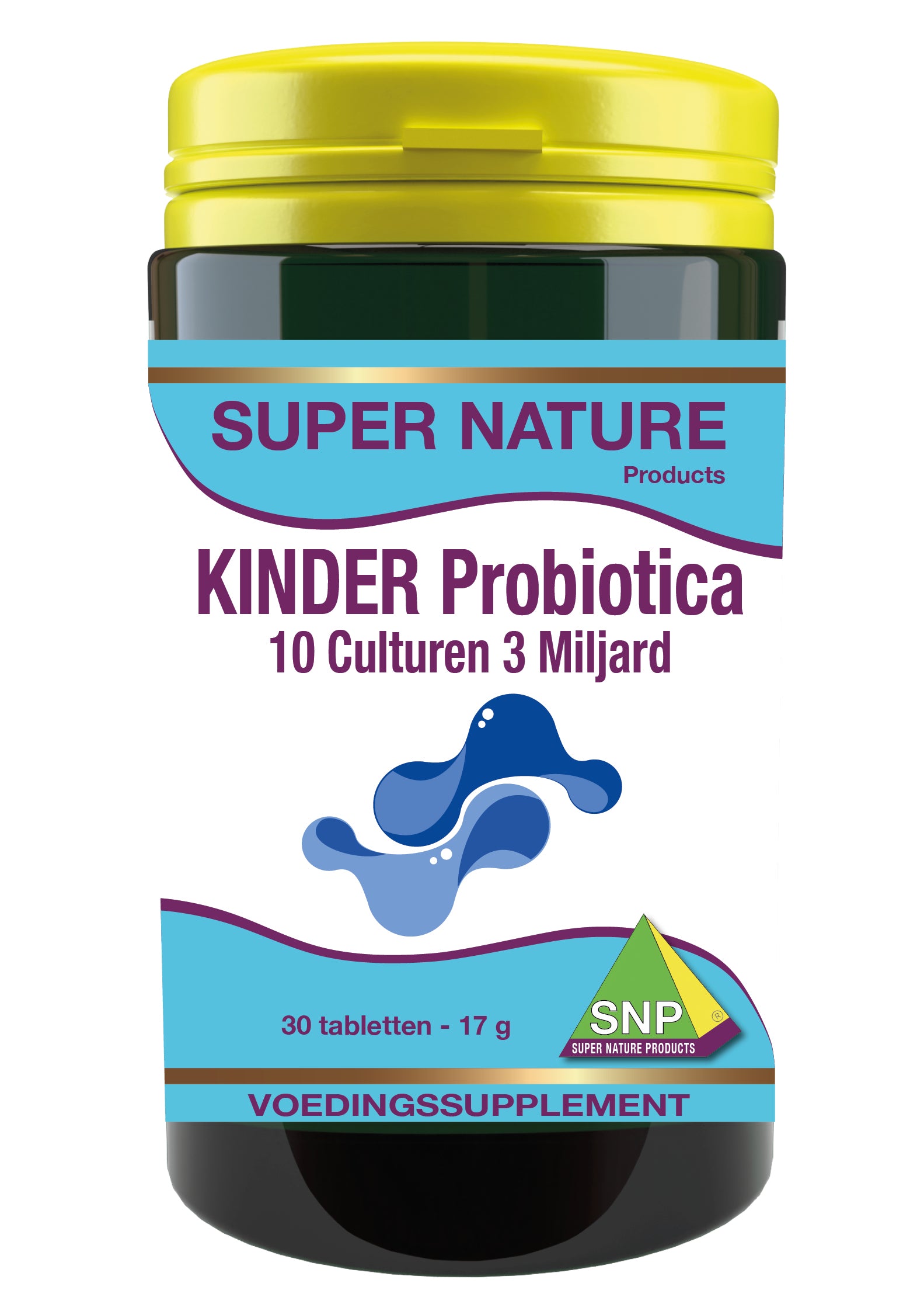 SNP Probiotica kinder micro-organismen supplement with 10 cultures, 30 tablets, shown in a blister pack.