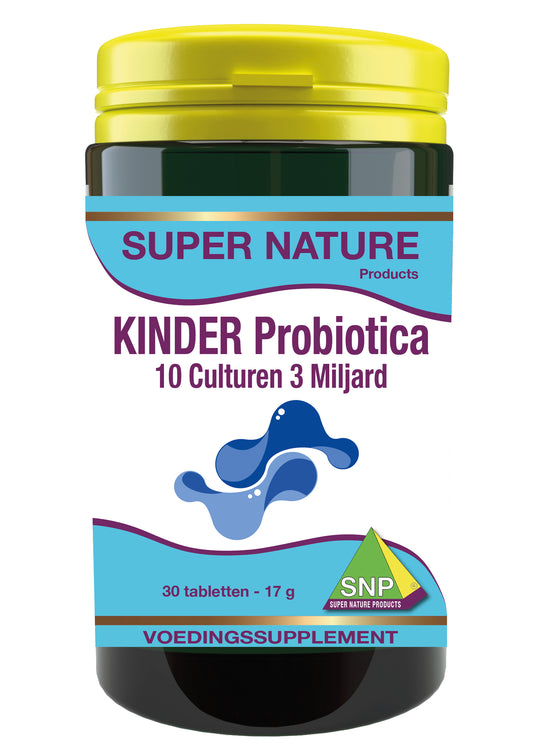 SNP Probiotica kinder micro-organismen supplement with 10 cultures, 30 tablets, shown in a blister pack.