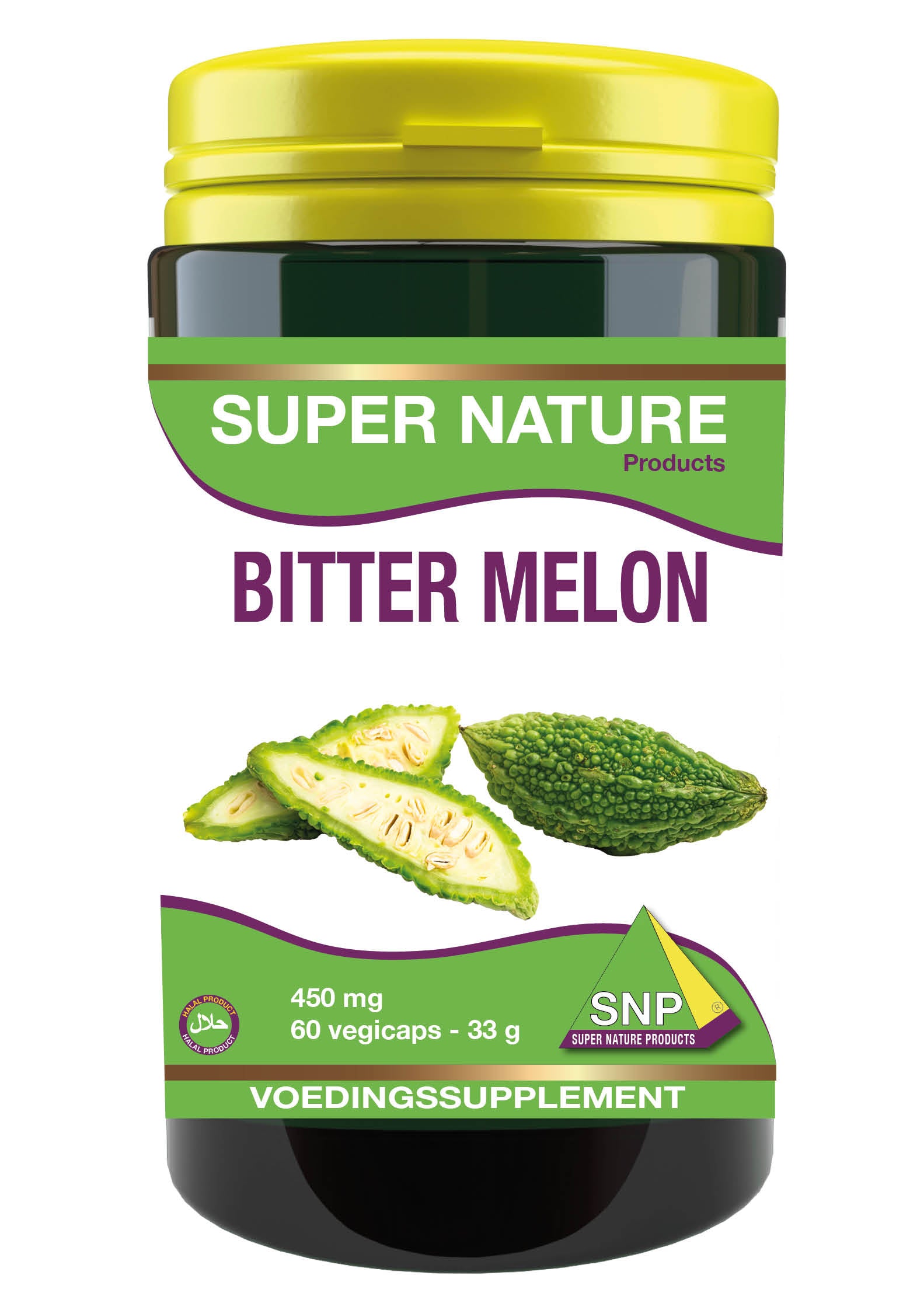 SNP Bitter Melon 60 Vegetarian Capsules, herbal supplement in clear bottle with green label, showing capsules inside.