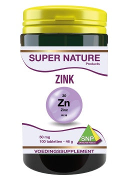 SNP Zink 50mg mineral supplement tablets, 100 count, showing zinc tablets in a bottle for immune support and daily mineral intake.
