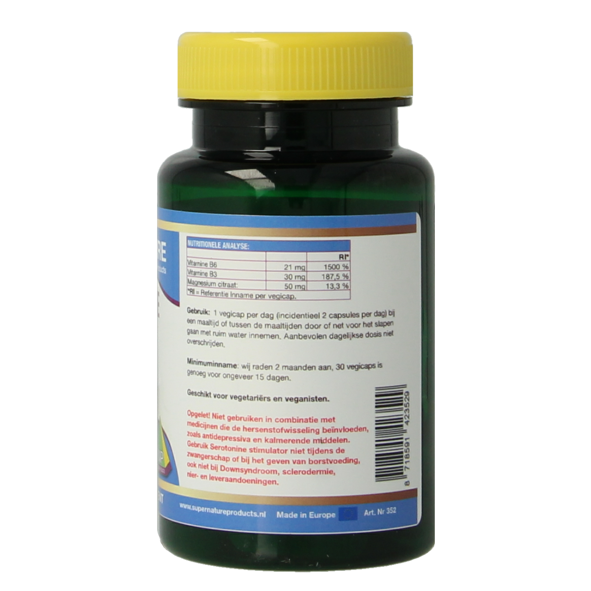 SNP Serotonine stimulator puur herbal supplement capsules in a bottle, natural herbal ingredients for mood support