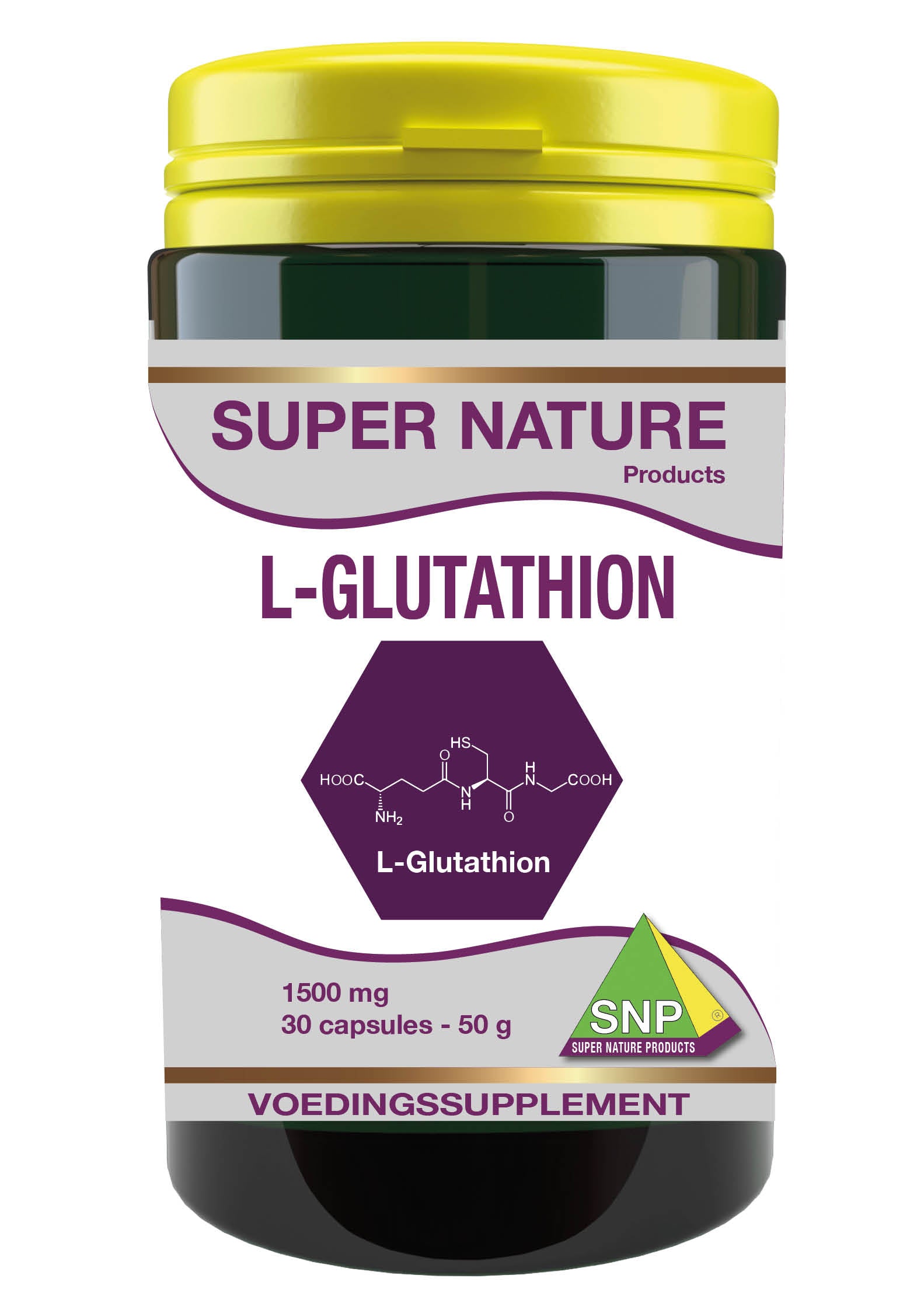 SNP L-Glutathion Extra Forte 1500mg amino acid capsules in a white bottle with label and cap, designed for supplement intake.