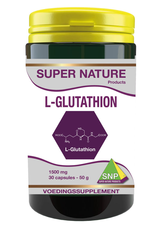 SNP L-Glutathion Extra Forte 1500mg amino acid capsules in a white bottle with label and cap, designed for supplement intake.